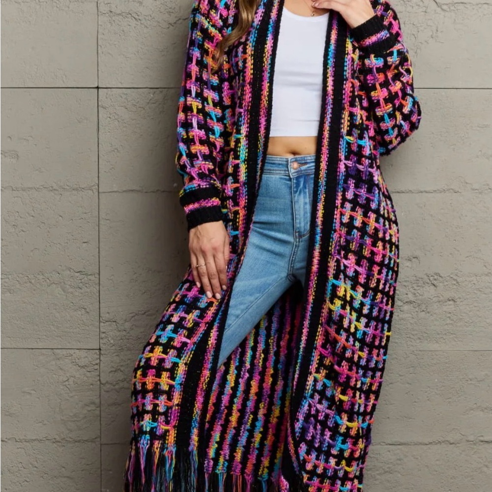 STUNNING Crochet Open Front Fringe Hem Long Cardigan